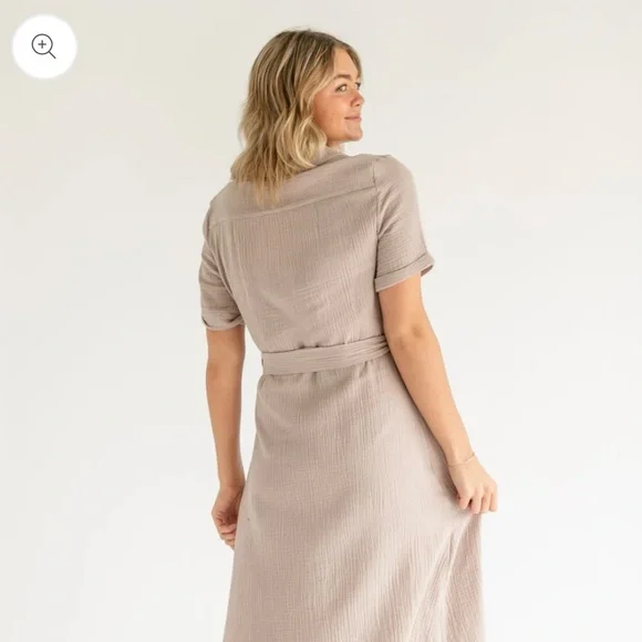 Button-Front Midi Shirt Dress in Taupe - Picture 3 of 7
